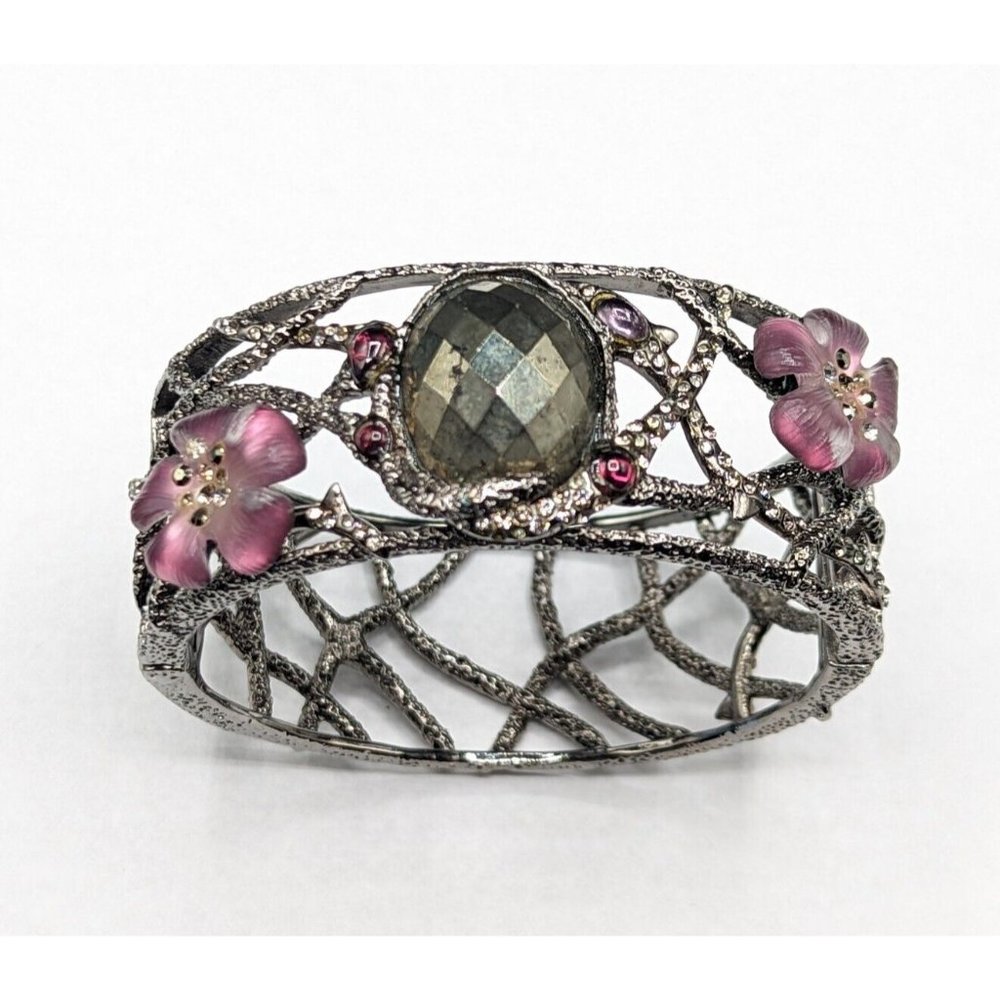 Alexis Bittar Pyrite Lucite Crystal Flower Gunmetal Wide Hinge Bangle Bracelet